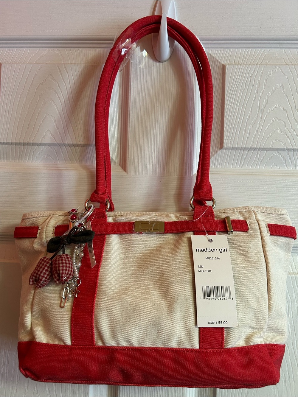 Madden Girl Red and Cream Canvas Tote with Charm Accents